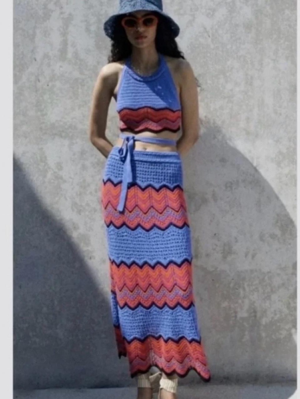 Blue Crochet Backless Halter with Pink Orange Chevron Accent. Part of Co-Ord set